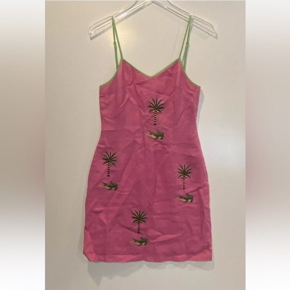 CJ Laing Pink Linen Gator Palm Tree Embroidered Mini‎ Dress Womens 6 (1206) - Picture 1 of 6